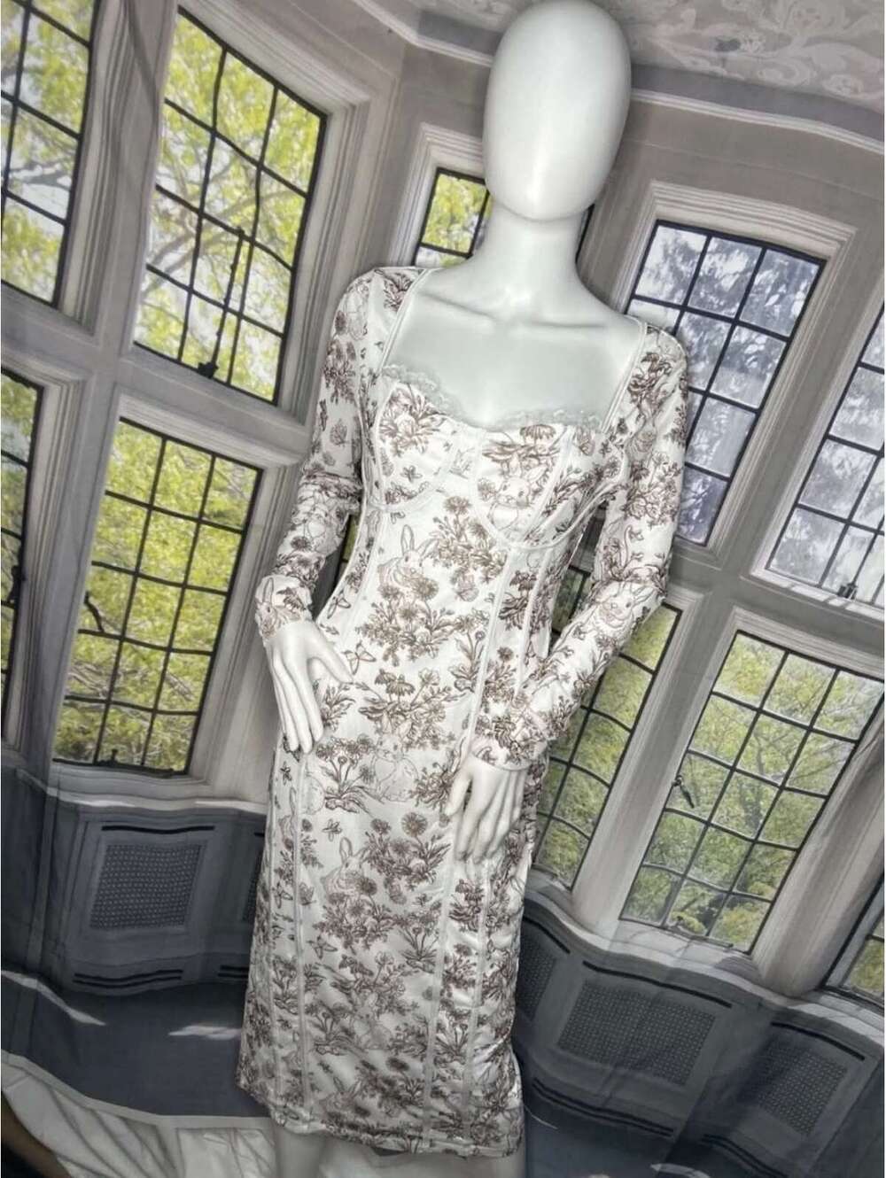 SHEIN M Bunny Rabbit Floral Corset Midi Dress Long Sleeve Cottagecore Coquette